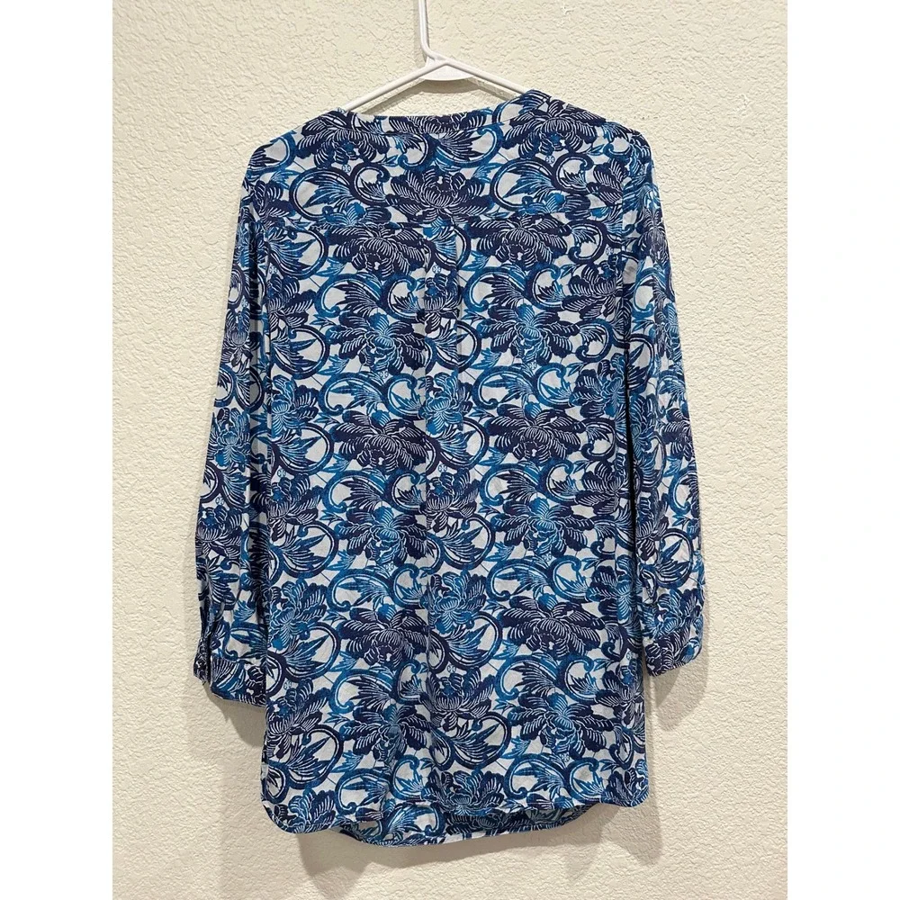 Tory Burch Blue Floral Silk Blend‎ Roll Tab Sleeve Tunic Top Blouse Size 8